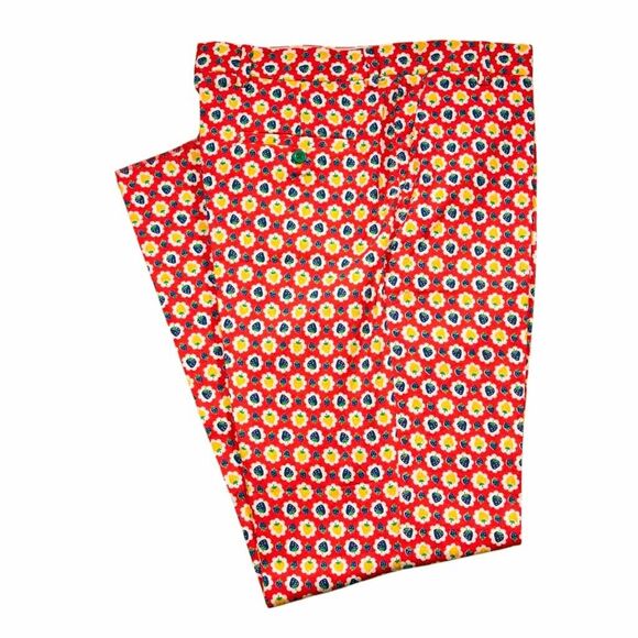Mens 34 Chino Pants Red Floral Cotton Flat Front Straight Fit Dress Trousers